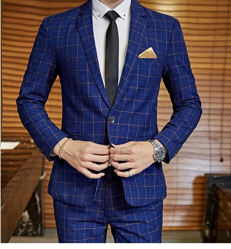 

Men's Wedding Suits (Blazer+ Pants) Men Boutique Fashion Slim Fit Plaid Suit Formal Business No-Ironing Groom Wears Suits XS-6XL