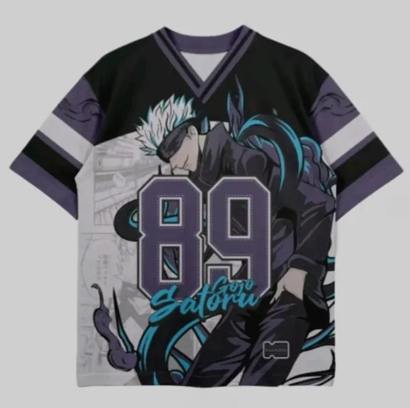 Jujutsu Battle Gojo Gojo Wears An Eye Mask and Wraps Around A Blue Purple Spell Power Airflow Pattern Jersey
