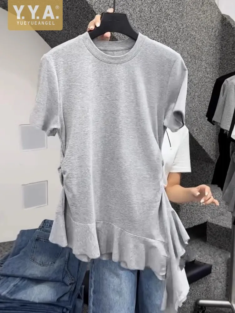

2025 Summer Korean Style Asymmetric Ruffles Female Short Sleeve T-Shirts O-Neck Fashion Tees Pullover Casual Easy Matching Tops