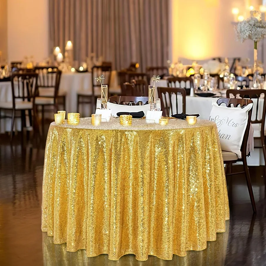 132 Inch Round Tablecloth Gold Sequin Table Cloth Glitter Decorative Fabric Circle Table Cover for Dining Party Wedding Outdoor