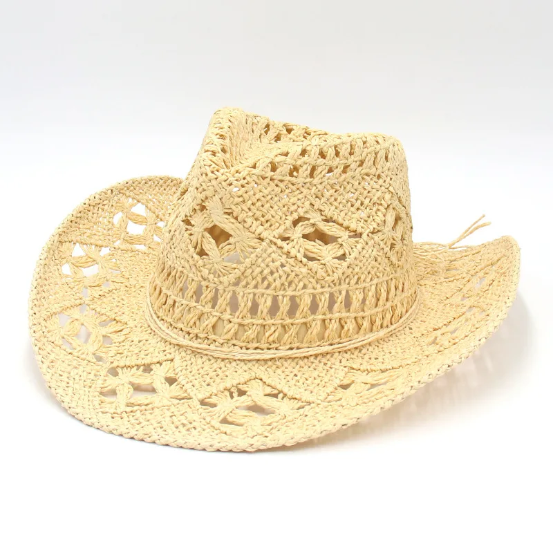 

Summer Outdoor Men Women Western Cowboy Hats Hand-woven Straw Hat Breathable Beach Jazz Cap Sunhat for Unisex