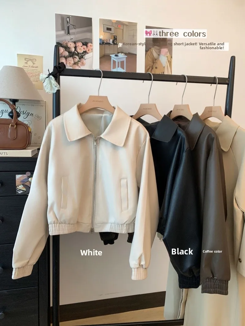 

Retro Cool Windbreaker PU Leather Jacket Women's Spring Casual Versatile Motorcycle Style Stand Collar Short Length Top