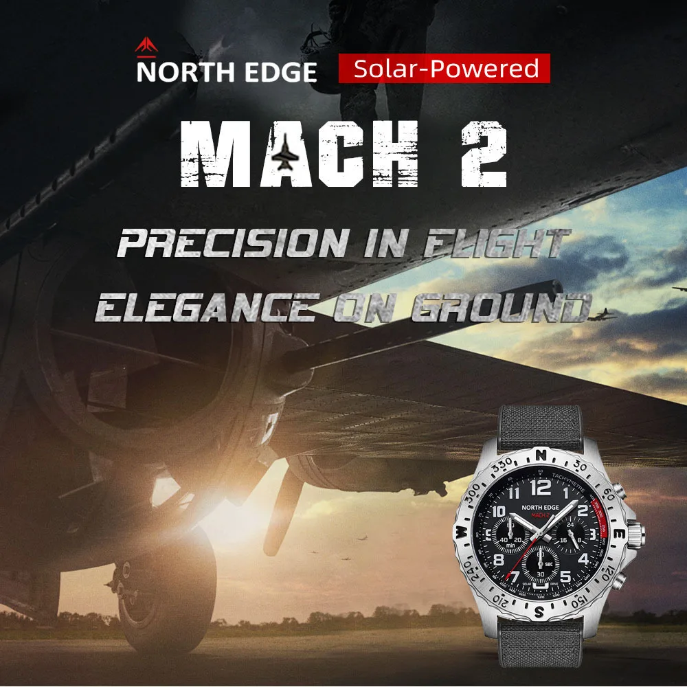 NORTH EDGE MACH2 Orologi solari da uomo Cronografia luminosa Impermeabile 50M Orologi al quarzo Orologio da uomo Pilota Relogio Masculino