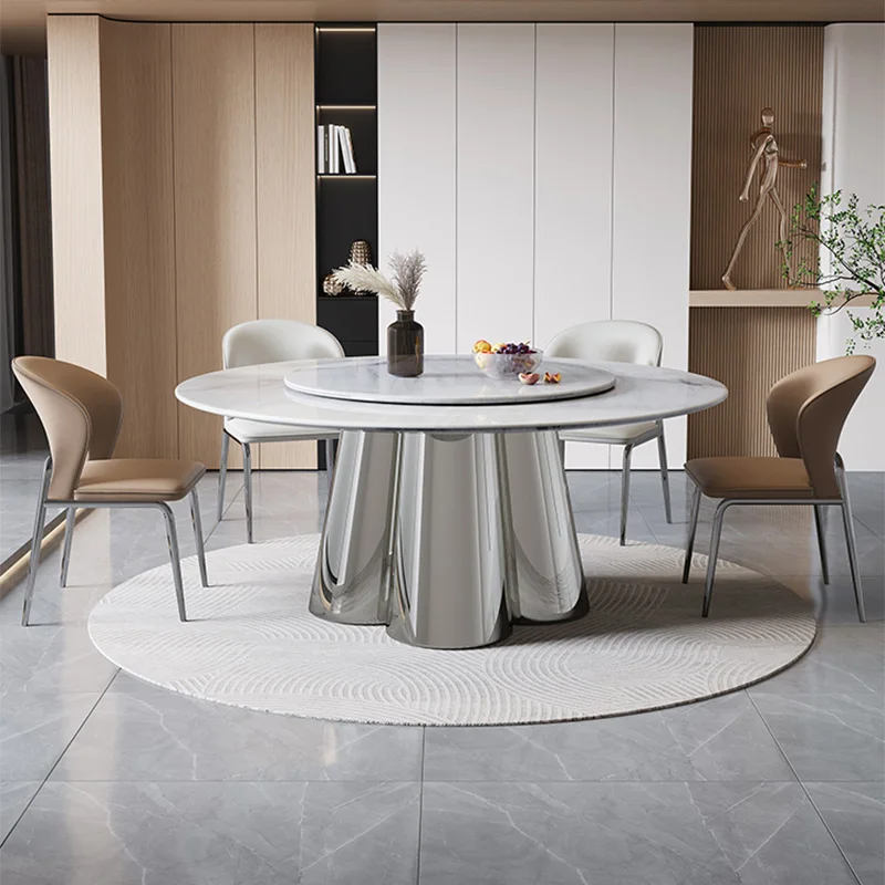 

Durable Dining Table with Stainless Steel Base Modern Luxury Restaurant Kitchen Table with Rotating Tray Round Dining Room Table