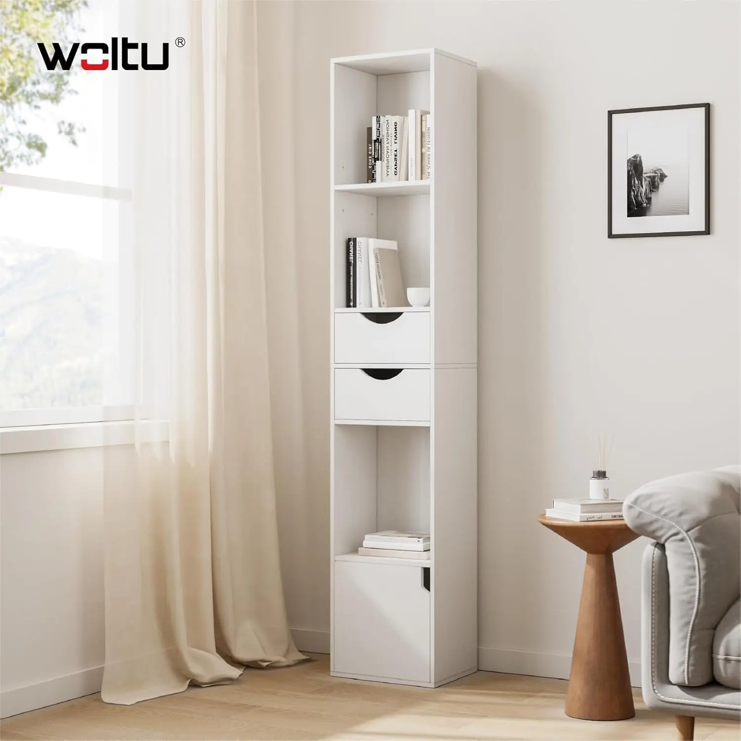 WOLTU Librería de 6 niveles con estante extraíble, estantería alta con puerta con cajón para sala de estar, oficina, estantería de almacenamiento, 30x158x24cm
