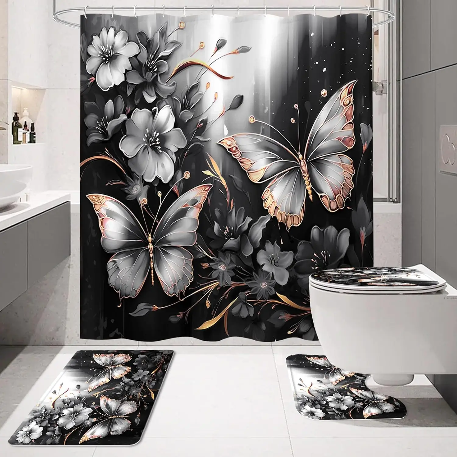 

4-х шт. Набор занавесок для душа с черными цветочными бабочками и нескользящими ковриками, современная крышка для унитаза из белого золота и коврик для ванной, элегантный