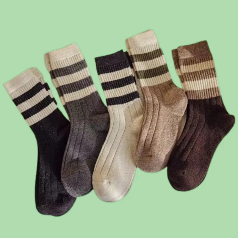 

5/10 Pairs New Fashion Striped Forest Style Pile Socks Retro Thickened Socks With Shark Pants Women's Mid-tube Socks