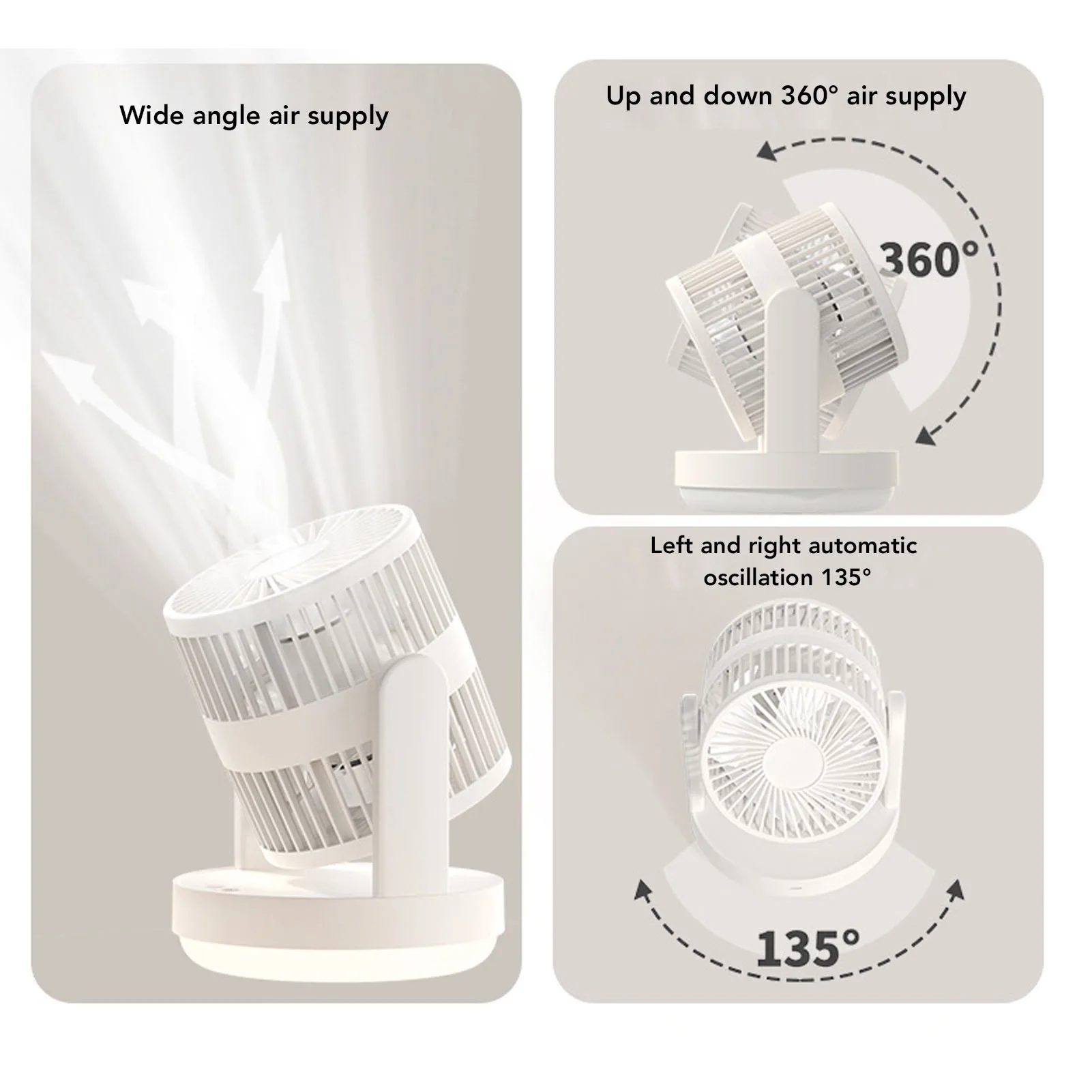 مروحة مكتب 3 سرعات قابلة للتعديل وقابلة لإعادة الشحن لسطح المكتب تتأرجح مع ضوء ليلي لغرفة النوم المنزلية باللون البيج والأسود