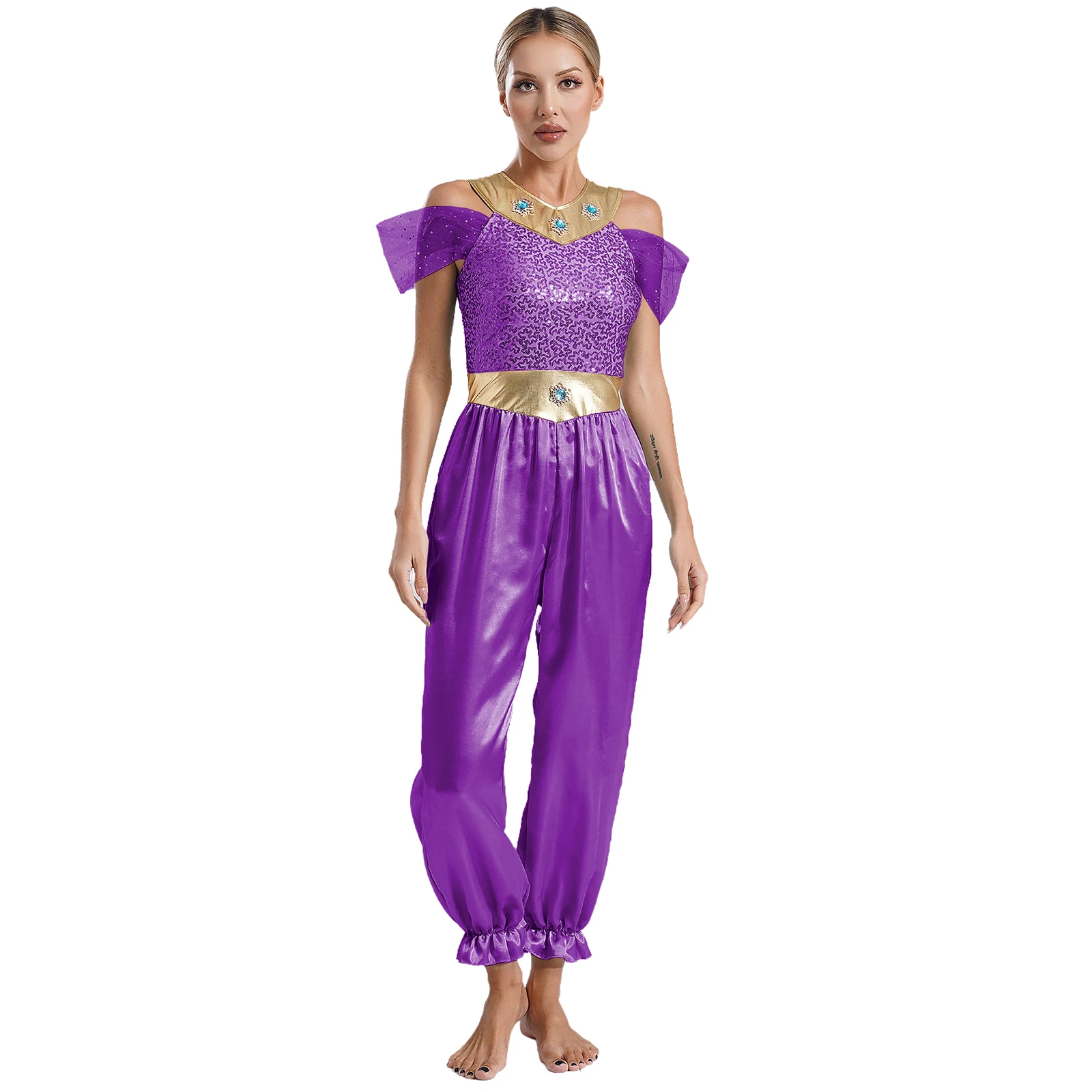 Women Belly Dance Arabian Princess Jumpsuit Halloween Carnival Costume Sequins Romper Theme Party Role Play Princess Pageant