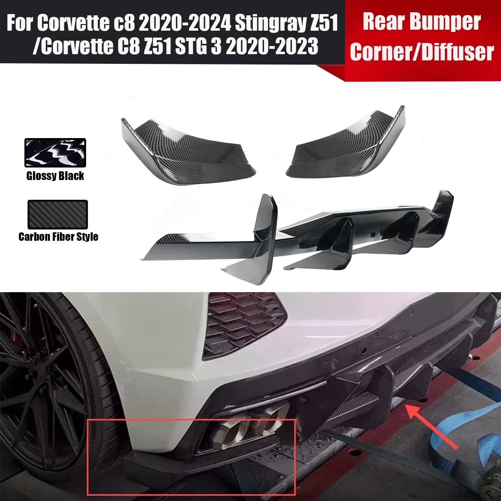 

For Chevrolet Corvette C8 Z51 STG 3 2020-2023/Stingray Z51 Rear Bumper Diffuser/Corner Extension Splitter Spoiler CarAccessories