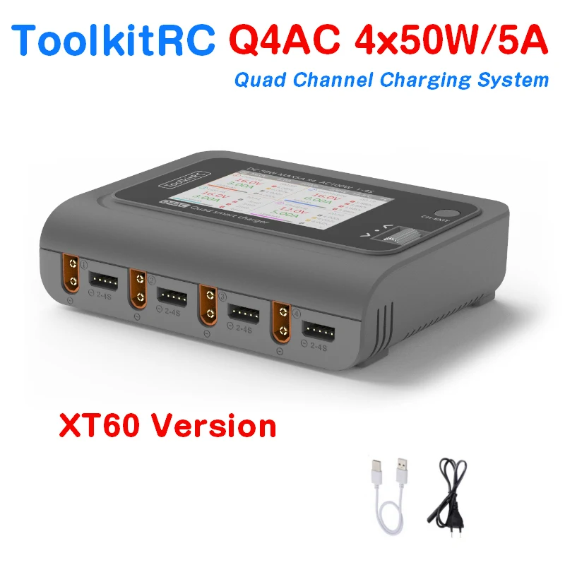 

ToolkitRC Q4AC 4x50w 4 Ports XT60 with XT30 Adapters AC DC Smart Charger IPS Bright Clear Wide Angle Display for Lipo Battery