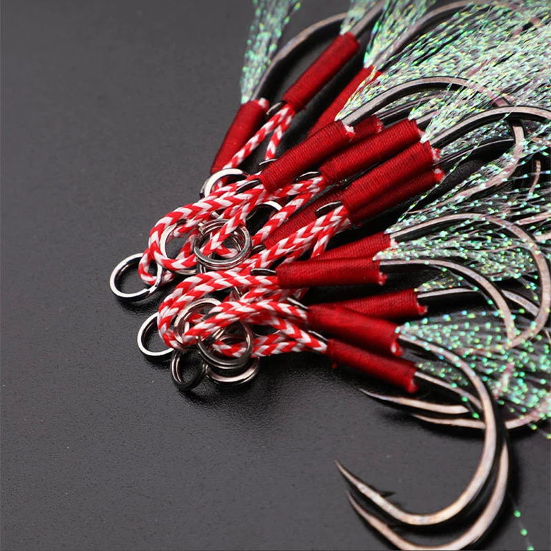 10PCS/Lot Carbon Steel Cast Jig Assist Fishing Hooks Thread Feather Lure Fishing Tackle Slow Jigging Head Hook Lure Accessories