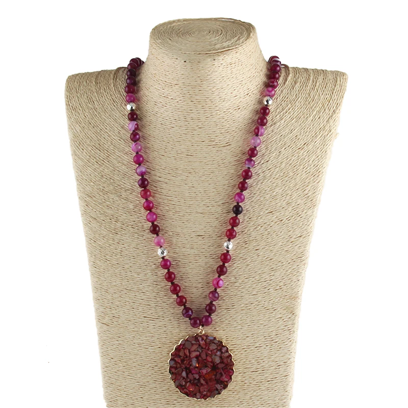 Fashion 8mm Natural Fuchsia Stripe Stones Magnetic Bead Knotted with Facet Square Stone Pendant Handmade Necklace Women Jewelry