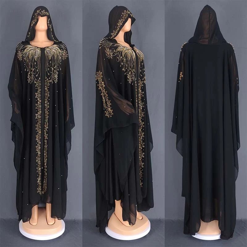 Abito con cerniera musulmano da donna in Chiffon nero con cappuccio abaya abito africano con cerniera Dashiki Dubai turchia abito caftano caftano marocchino abito tradizionale