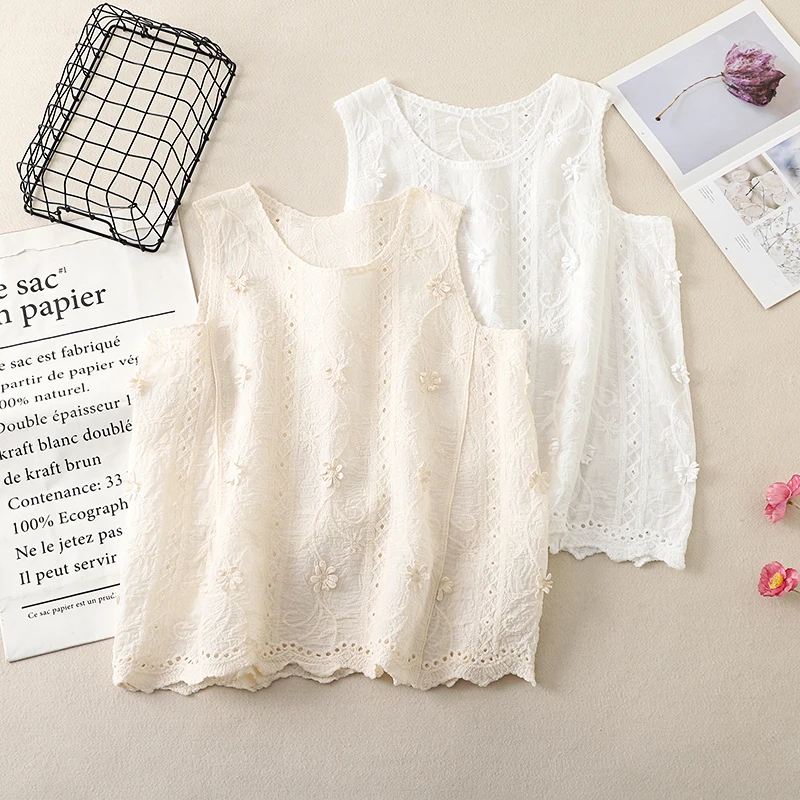 Top sin mangas estilo bohemio con jacquard floral para mujer, camiseta sin mangas bordada con aberturas para verano, chaleco de algodón beige y blanco con encaje.