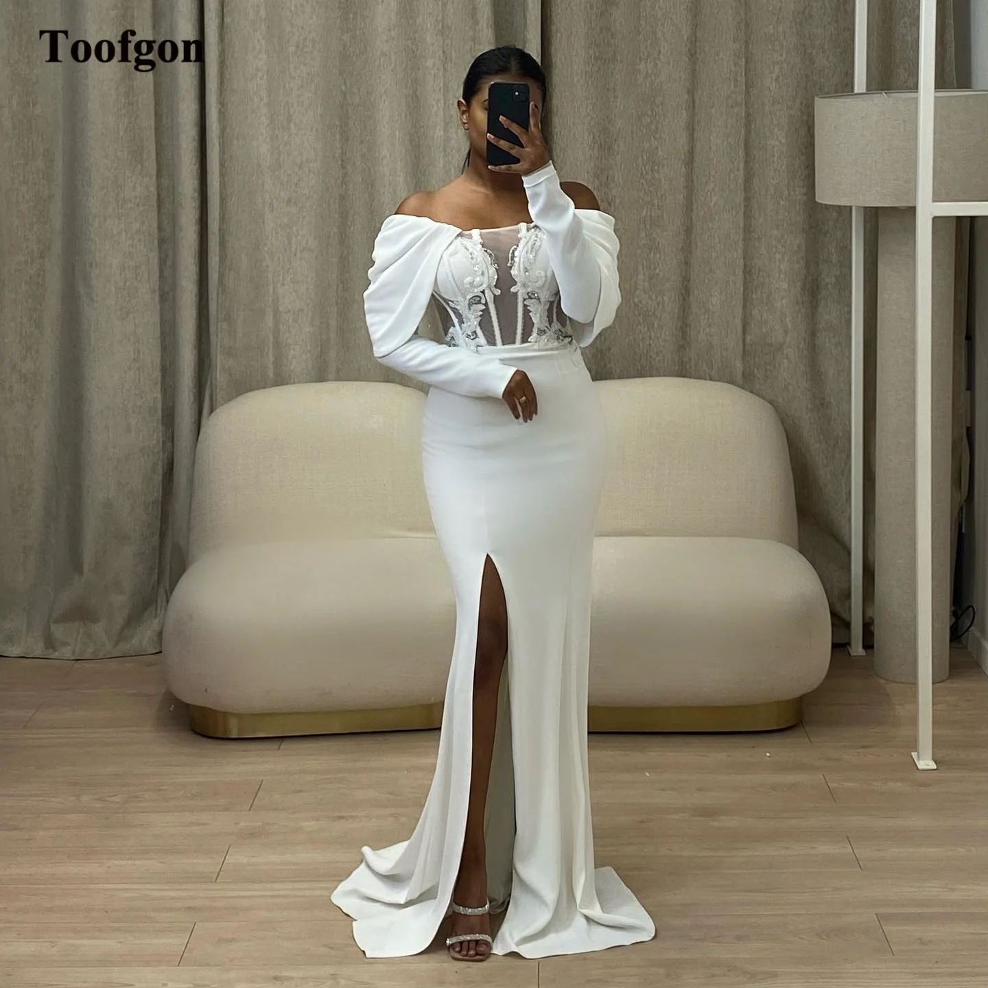 

Toofgon Long Sleeves Satin Mermaid Wedding Dresses For Women Appliques Lace Transparent Bridal Gowns Bride Formal Party Gowns