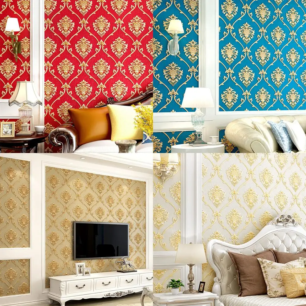 

3D Embossed European Damascus Wallpaper Waterproof Deep Red Beauty Salon Shop Background Paste the Wall Non Self Adhesive Wallpa