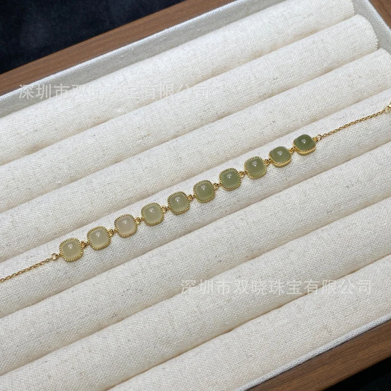 Natural Qinghai Material Qing Shui Hetian Jade Gradient Color Bracelet S925 Silver Inlaid Plated