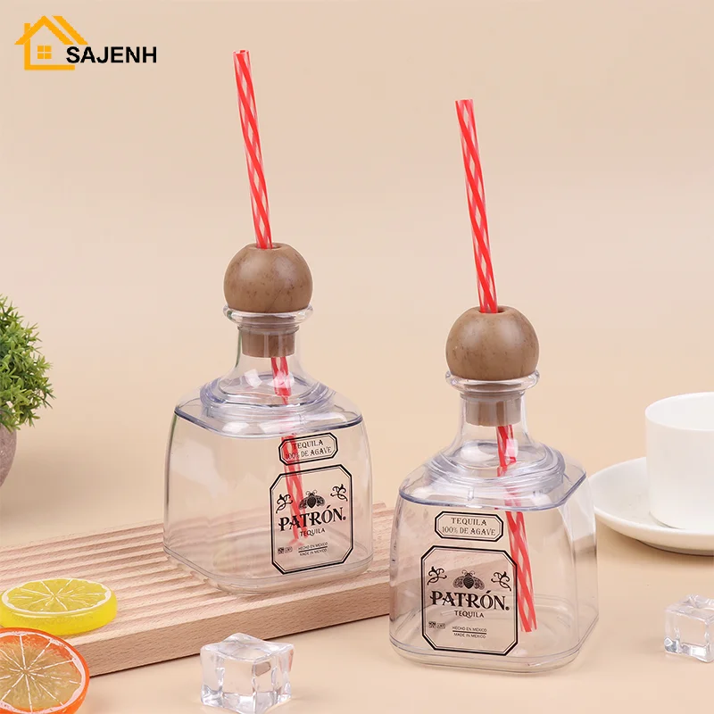 375ml Mini Tequila Bottles Acrylic Reusable Cups With Straw Hole Small Patron Bottles Empty For Drinking