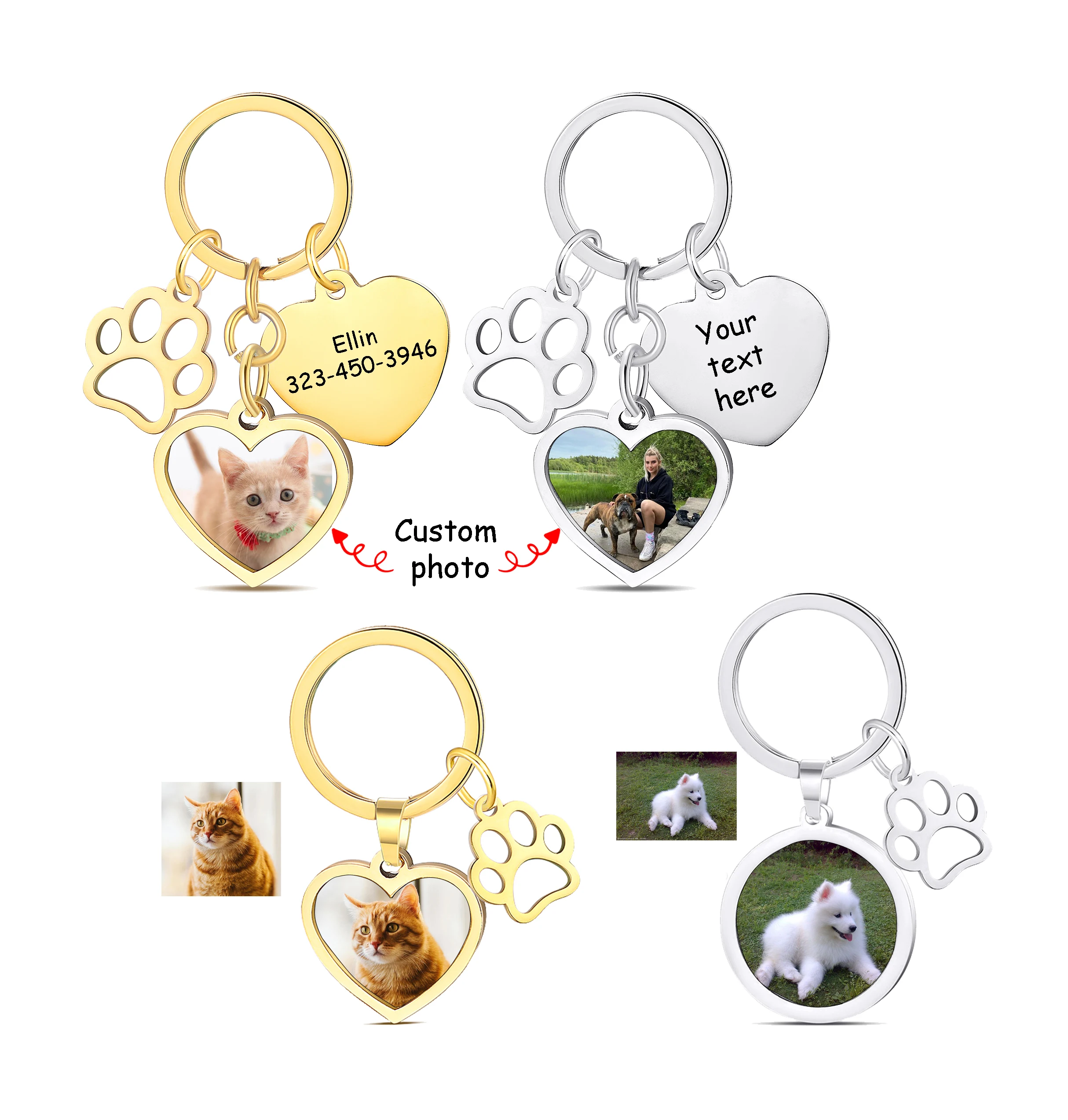

Personalized Heart Round Keychain Custom Pet Cat Dog Photo With Paw Print Charm Keepsake Jewelry Gifts Key Ring for Animal Lover
