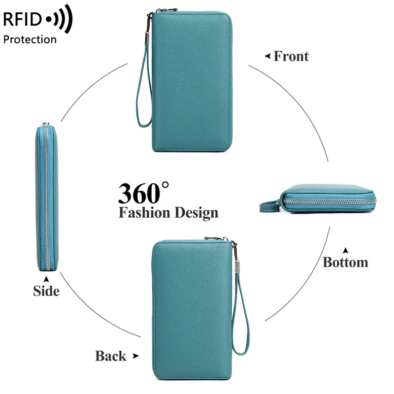 Western Lychee Grain Cowhide Leather RFID Blocking Long Women Wallet Large Capacity Multi Card Slots Coin Purse for Ladies