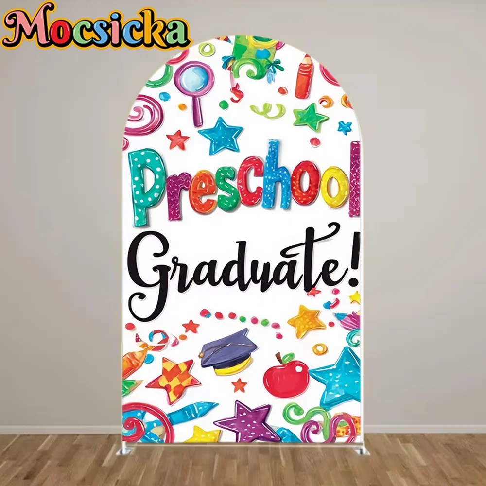 Congrats Grad Arch Backdrop Cover Colorful Pencils Flags Dots Sun Graduation Cap Preschool Kindergarten Party Decor Background