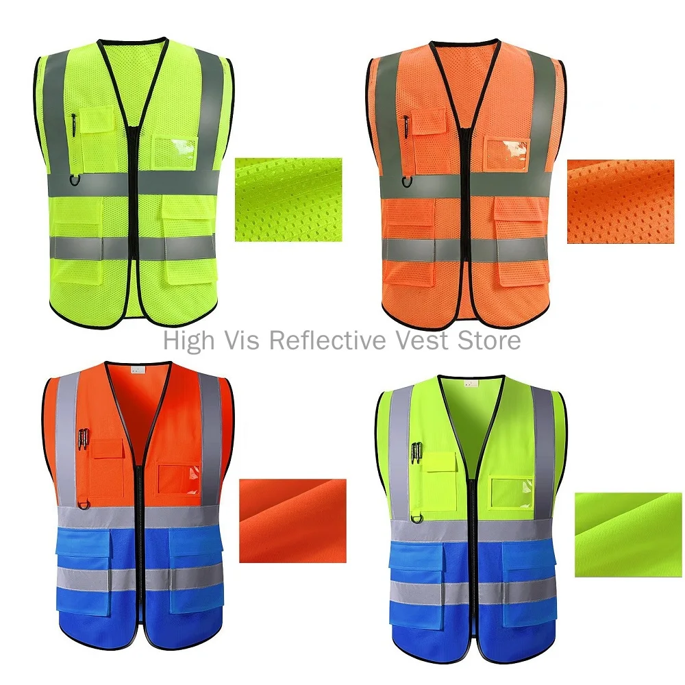 

2024 Breathable Reflective Vest Summer Grid Type Multi-pocket For Safety Traffic Outlets Miners Builders Uniform Running Sports