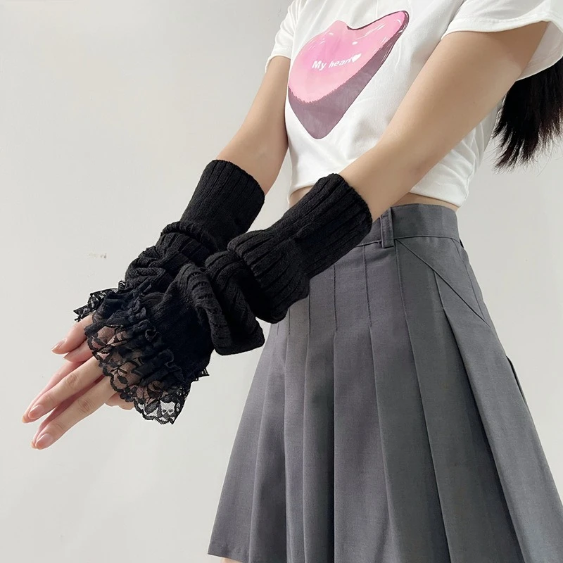 ฤดูใบไม้ร่วงฤดูหนาว Y2K หวานถักแขนอุ่นแขนยาว Fingerless ถุงมือลูกไม้ Harajuku สาว Punk Gothic อุปกรณ์เสริม Mittens