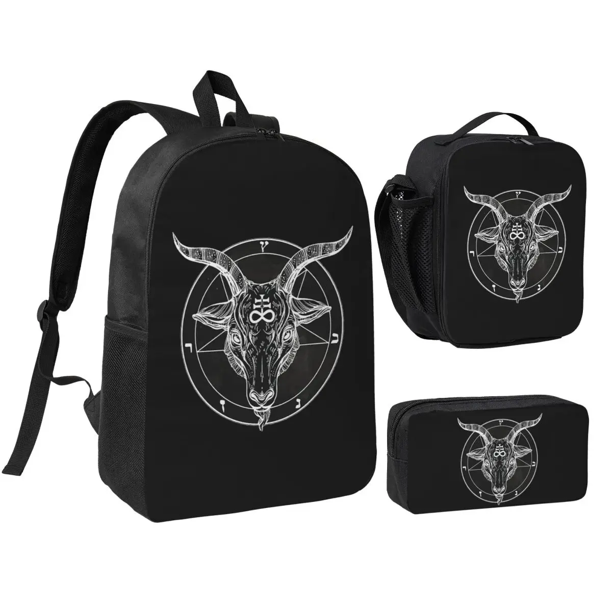 Pentagram With Demon Baphomet Satanic Goat Head Backpack BookBag School Bag Shoulder Bags 3ps Insulated Lunch Bag Pencil Case