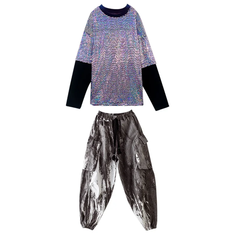 Abbigliamento Kpop Hip Hop per bambini Paillettes argento ​ ​ Top Streetwear Pantaloni da jogging cargo grigi per ragazze Ragazzi Abiti da ballo jazz