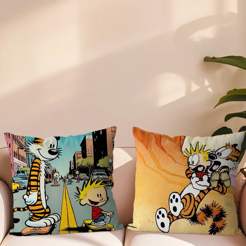 Comic C-Calvin and H-Hobbes Pillow Case Living Room Accent Couch Back Support Square Lounge Restful Nap Companion ﻿