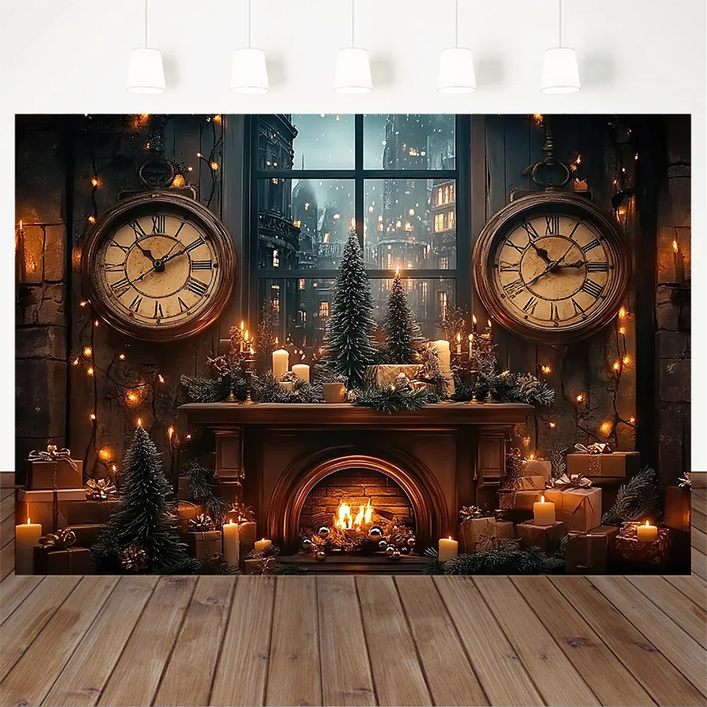Christmas Eve Background Photography Santa Claus Workshop Fireplace Clock Candles Xmas Tree Backdrop Decor Winter Kids Photo