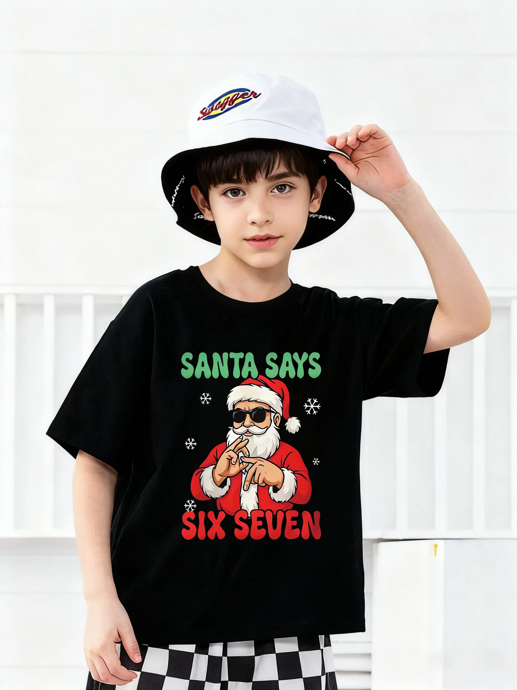 

Trend Children Christmas Style Short Sleeve T-Shirt Personality Sunglasses Santa Print Boys Loose Black Half Sleeve Top