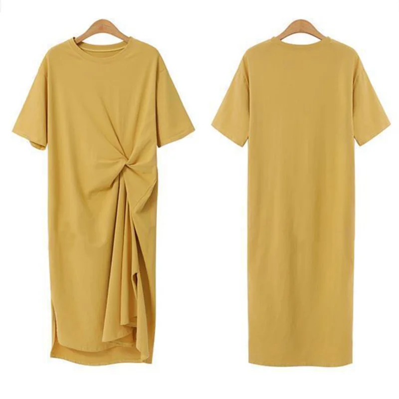 Simplicity Female Clothing Solid Color Kink Fold Design Summer Loose-fitting Short Sleeve Pullover T-Shirt Mid Length Dresses