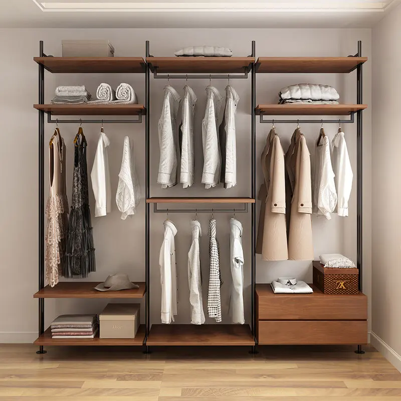 

Open Wardrobe Home Bedroom Wrought Iron Hanging Hanger Floor to Floor Walk-in Cloakroom Shelf Metal Shelf