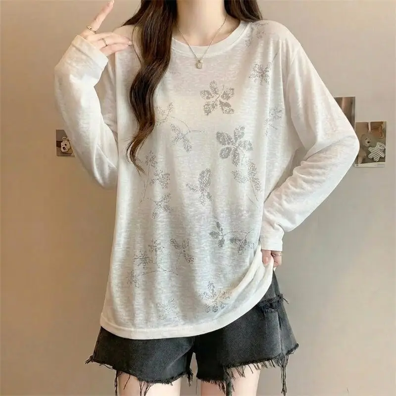 Women Summer Loose Plus Size Long Sleeve T Shirt Snowflake Cotton Floral Print Sheer Sun Protection Cover Up Casual Top