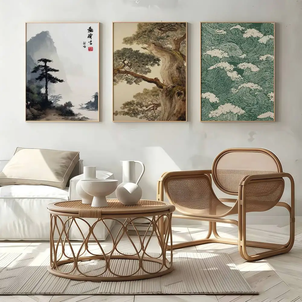 Crane Vintage Ukiyo-e Red Sun And Pine Tree Print Poster Self-adhesive Art Waterproof Paper Sticker Coffee House Room Wall Decor