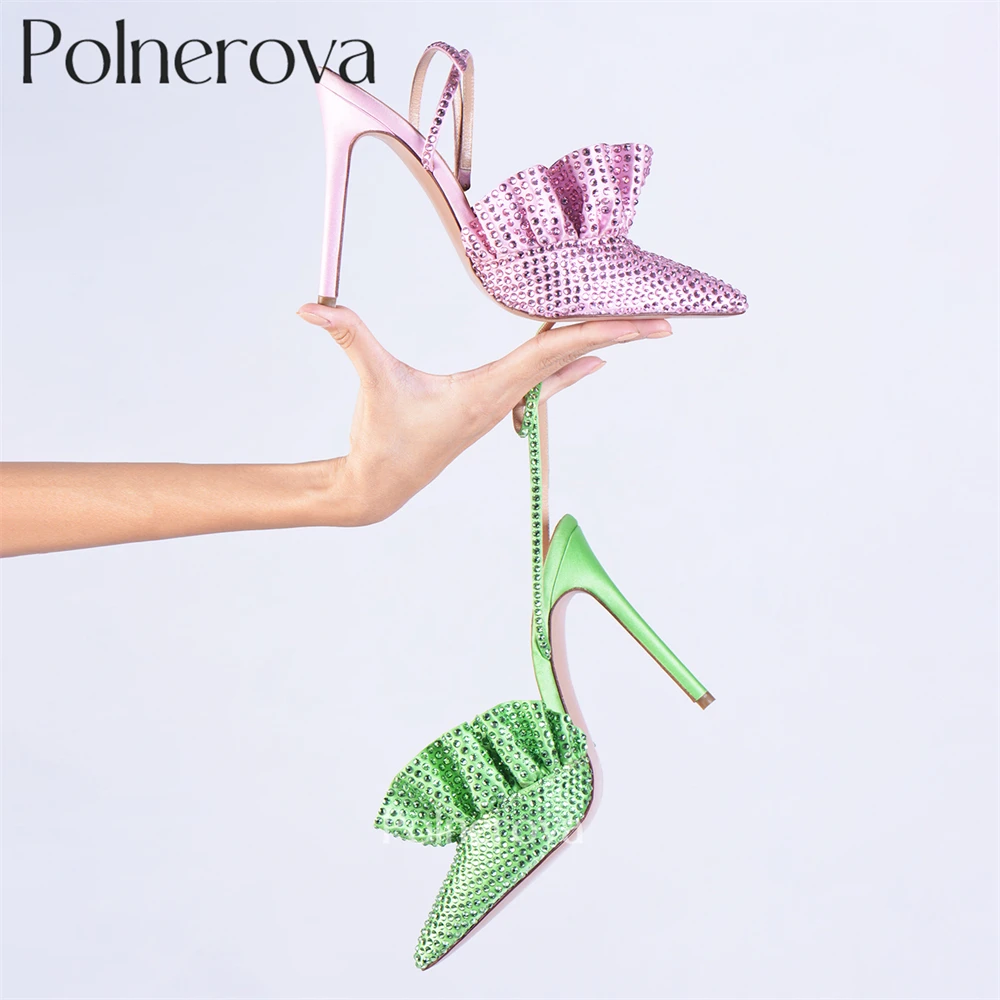 

Satin Tulle Crystals Mules Closed Pointy Toe Stiletto Slippers Fully Embedded In Rhinestones Slip On Elegant Women Summer Shoes