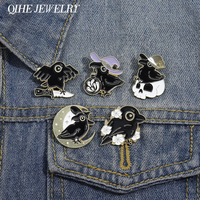

Punk Crow Bird Skull Wizard Enamel Pins Funny Black Animals Metal Brooches Lapel Badges Halloween Jewelry Gift for Kids Friends