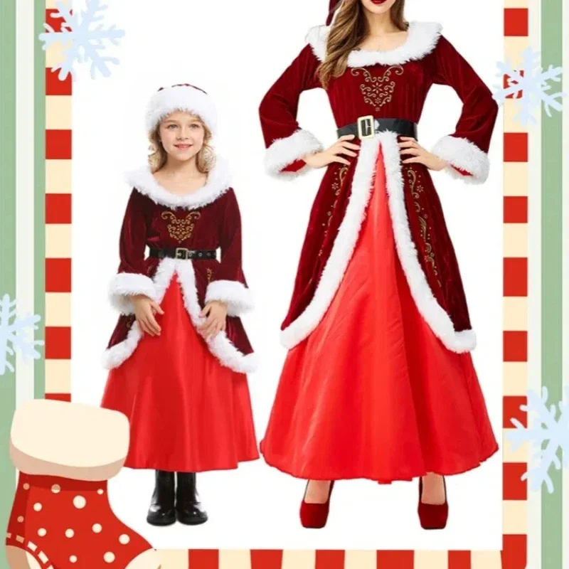 فستان سانتا المطابق لعيد الميلاد للأم والبنت، فستان طويل مخملي أحمر مع حزام مزخرف فروي للنساء والفتيات في عيد الميلاد