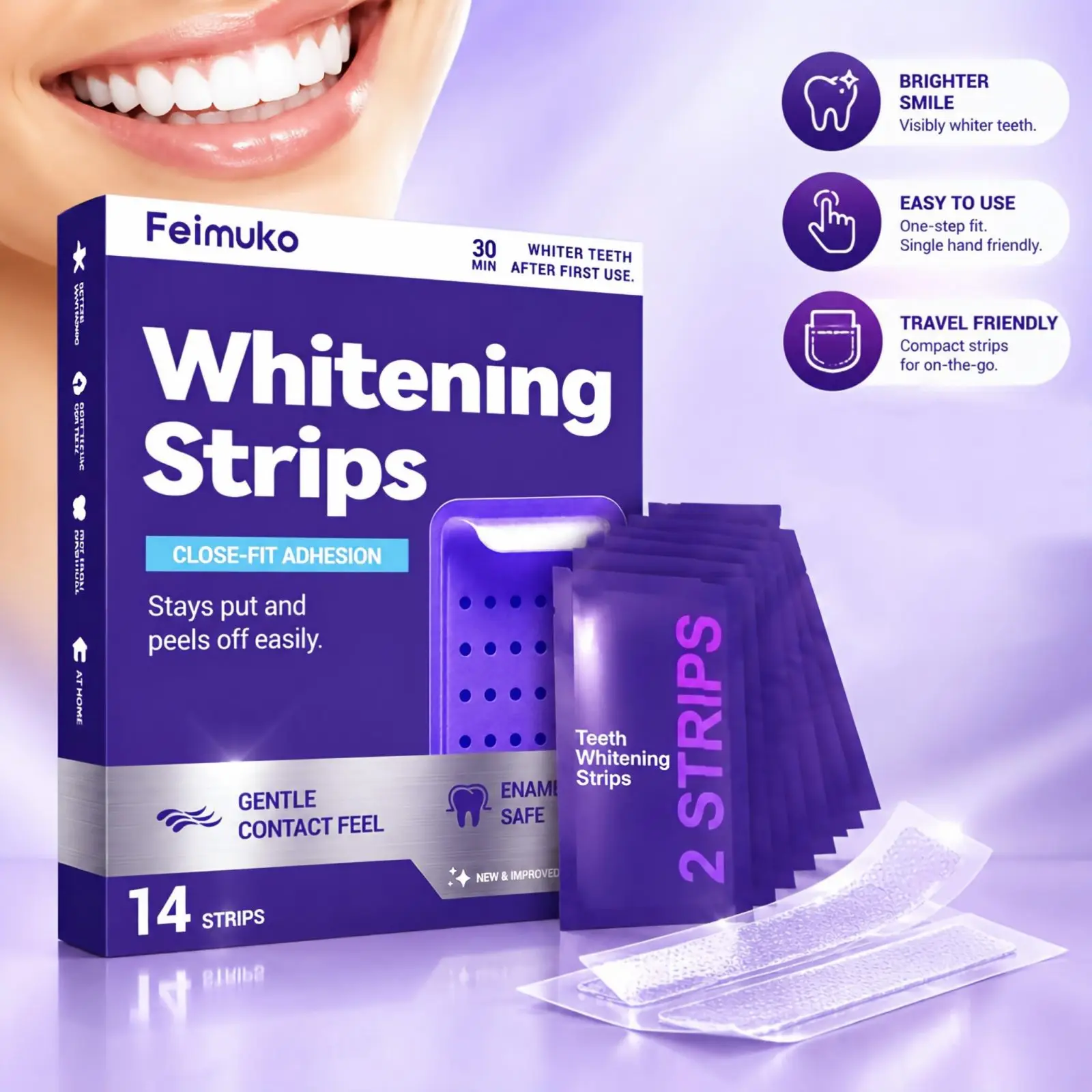 Purple Whitening Strips 14PCS Improve Teeth Yellowing Lasting Bright Smile Oral Cleaning Enamel Safe Close Fit Daily Use