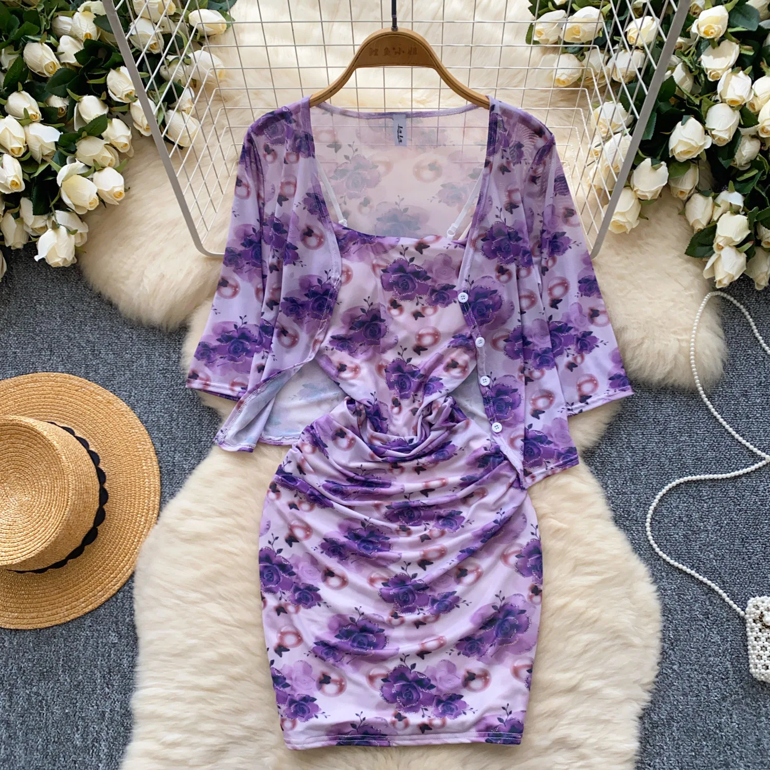 Short Dress Women Dresses Full Sleeve Coats Vestidos Y2k Streetwear Sleeveless Wrap Hip Print Floral Elegant Splice Party Night