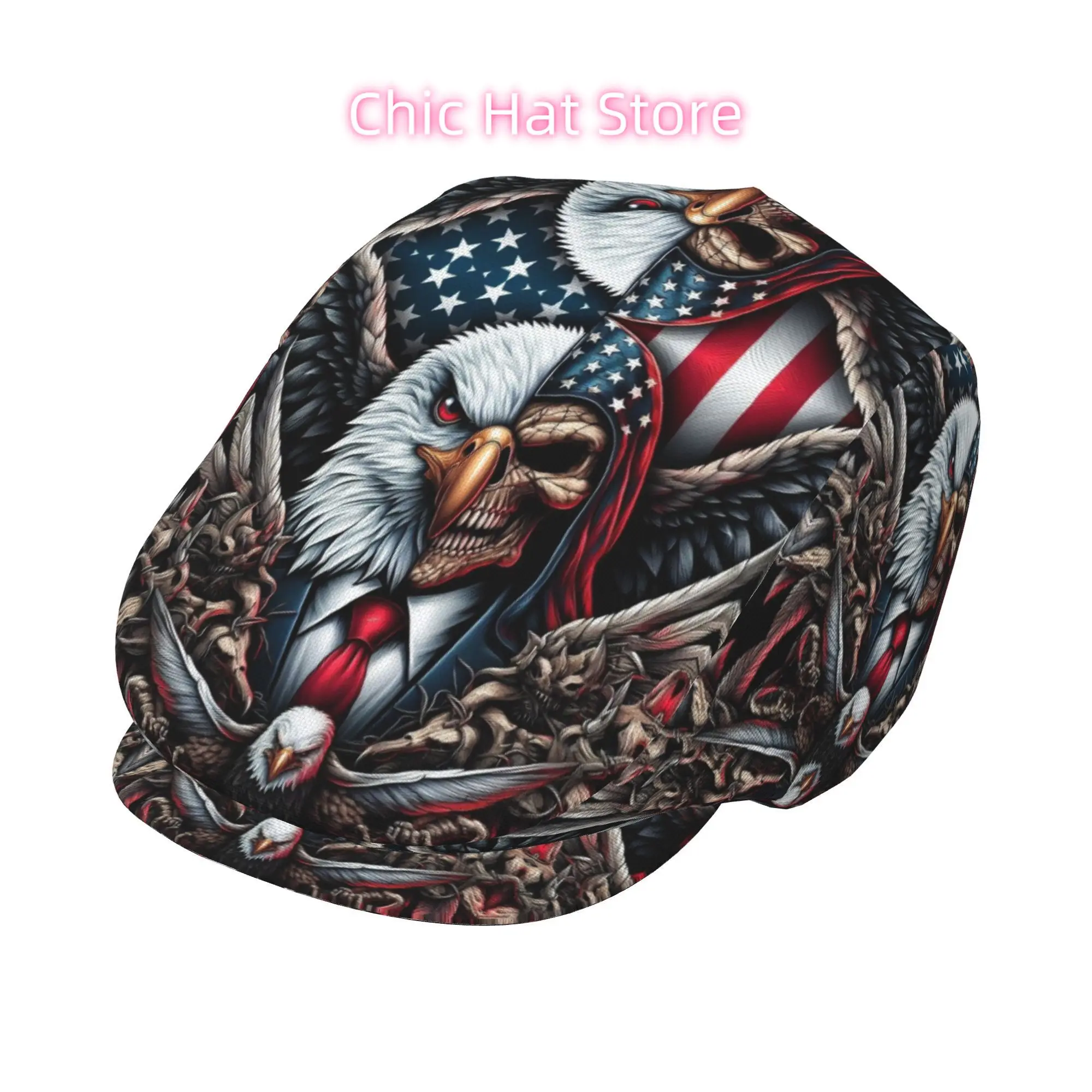 1pc Eagle Skeleton Dual Portrait All-Over Print Flat-Top Hat for Men And Women, Newsboy Cap, Beret, Irish Hat, Driver Cap, Retro
