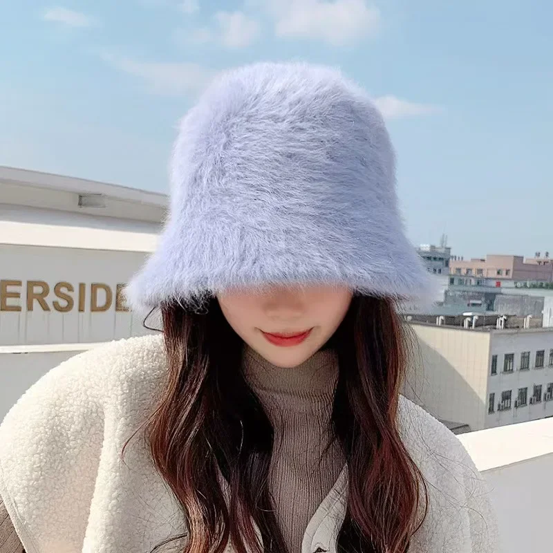 2024 Ins Adult Bucket Cap For Women Bee Hat Rabbit hair Autumn Winter Retro French Black Artist Flat Fashion Lady Vintage Cap