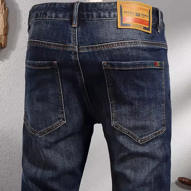 Fashion Trendy Men Jeans High Quality Retro Washed Blue Elastic Slim Fit Designer Jeans Men Vintage Casual Denim Pants Hombre