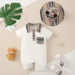 Two-piece baby boy design simple plaid neckline front pocket with plaid hat shorts spring/summer set