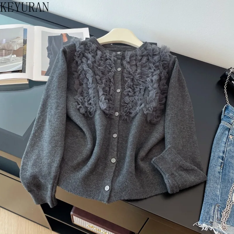 

Faionable Lace Knitted Round Neck Long Sleeve Open Cardigan Women's Tops Autumn Korean Style Loose Fit Sweater Ladies Jumpers