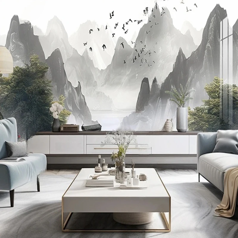 Custom Hand-painted Mural New Chinese Style Landscape Mountain Tree Bird Wallpaper Home Office Wall Decor Interior Art Design 3D