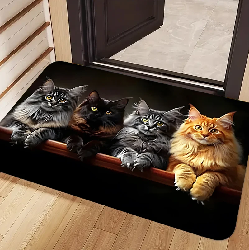 Cute Pet Animal Floor Rug Realistic Fluffy Long‑hair Cats Portrait Pattern Warm Lovely Art Decor Rug for Entry Hall Ornament