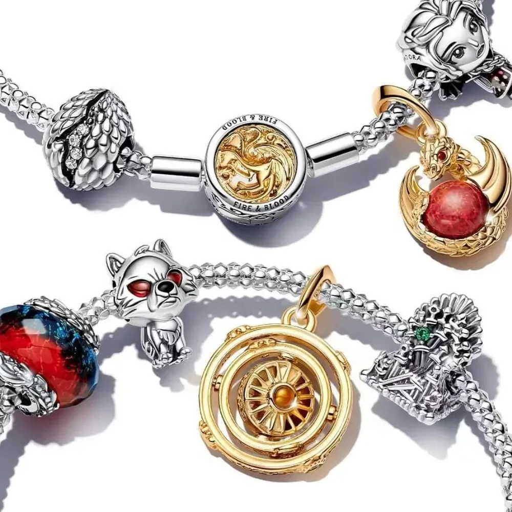 New Glowing Skull Miniso Disney 925 Silver Plated Game Dragon Fire Ice Double Murano Glass Charm Fit Pandora Bracelet Jeweley